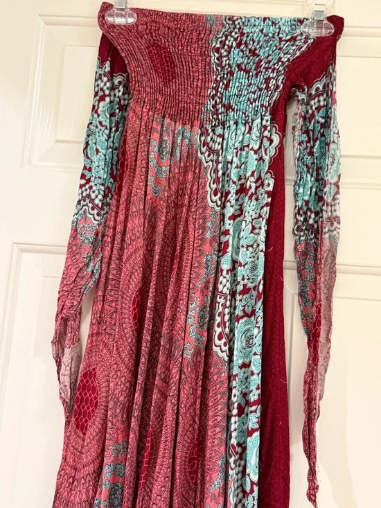 Hawaii Boho Strapless Maxi Dress in Burgundy & Teal Floral - Picture 5 of 7